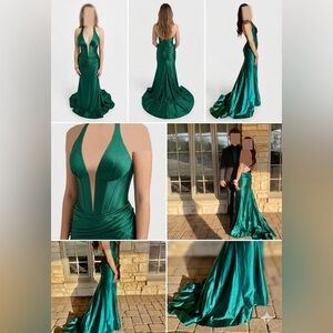 Sherri Hill Emerald Green Satin Plunge Halter Evening Gown